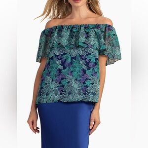 NWT Trina Turk Teal & Navy Off-Shoulder Floral Lace Blouse Women S